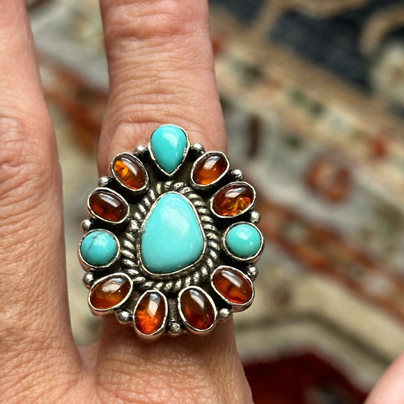 Sterling Genuine turquoise and amber stone adjustable cluster ring - Picture 1 of 8